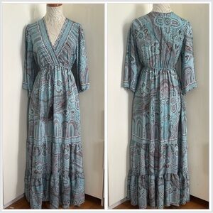 Bigg Bull by Cam Blue Pasley Print Silk Blend Maxi Bohemian Dress sz S/M